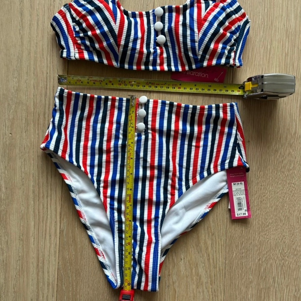 Xhilaration Striped Bikini Set High Waisted Red White Blue M Ribbed Nautical NWT - Picture 6 of 9